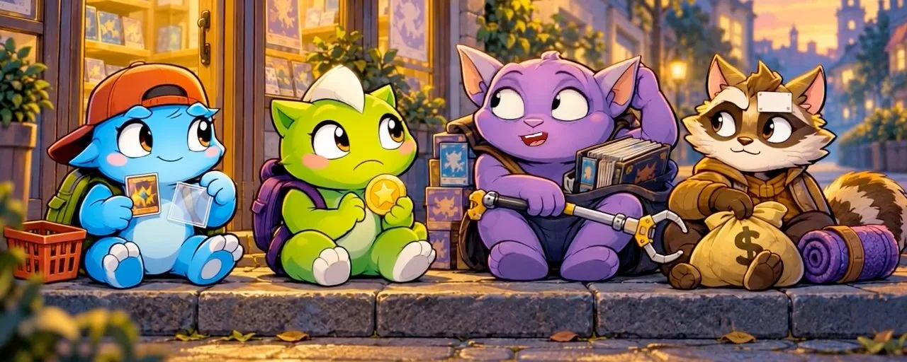 The Collector, The Holder, The Scalper and The Rugger sitting on a curb outside a card shop at dusk